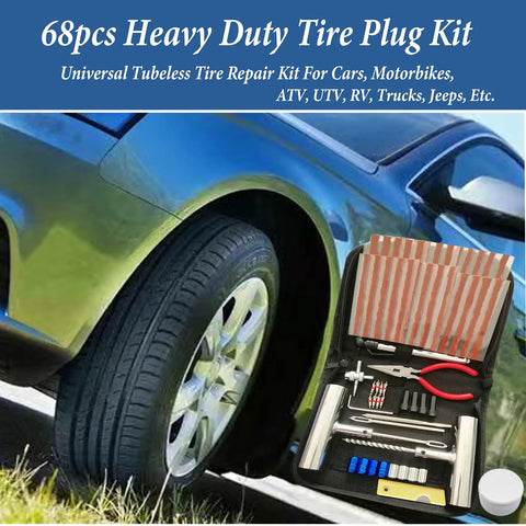 All-In-One 68-Piece Ride-Ready Heavy Duty Tire Repair Kit For Cars, Motorcycles, Trucks, SUVs, RVs And Trailers with tools displayed