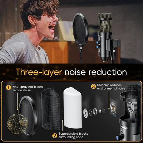 Upgraded USB Studio Condenser Microphone With Isolation Shield And Pop Filter For Podcasters, Singers, And Streamers with noise reduction features displayed.
