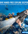 Diver using Beast 1000 Lumen Underwater Dive Light With Wrist Strap, illuminating lobster underwater, IP68 waterproof depth gauge visible.