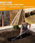 Person using Go-To Heavy Duty Trench Shovel With A 4 Inch V Shape Blade Narrow Spade For Precision Digging Edging And Entrenching 60 Inch Adjustable Long Handle And Foot Pedal Professional Grade Garden And Landscaping Tool for digging