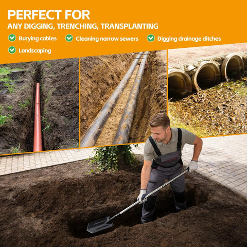 Person using Go-To Heavy Duty Trench Shovel With A 4 Inch V Shape Blade Narrow Spade For Precision Digging Edging And Entrenching 60 Inch Adjustable Long Handle And Foot Pedal Professional Grade Garden And Landscaping Tool for digging
