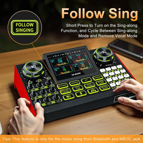Person using the Pro Gaming Audio Mixer For Streaming And Podcasting With Built In Voice Changer USB Audio Interface DJ Mixer.