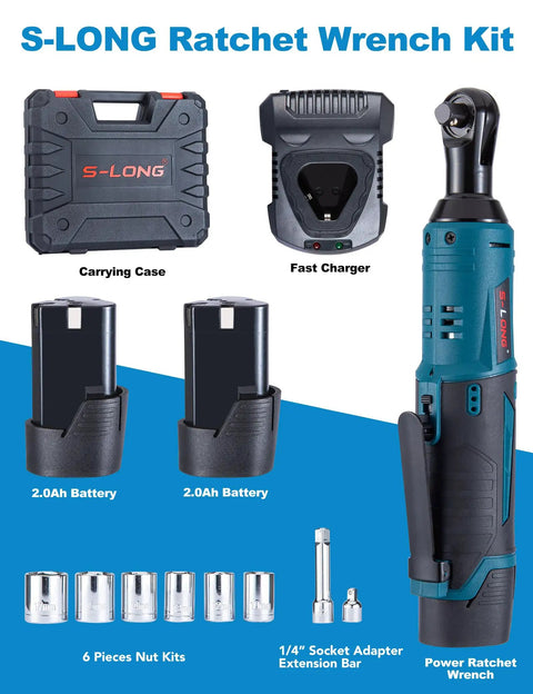 Cordless Ratchet Wrench Set 3/8 Inch 12V Power Tool With 400 RPM 12 Sockets Dual 2000mAh Li-Ion Batteries 60 Minute Fast Charge Built-In LED Light For Auto Repairs And DIY Projects