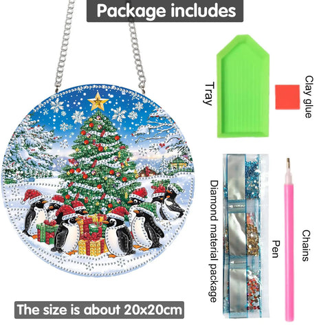 Totally Cozy Penguin Christmas Tree Sun Catcher Window Hanging DIY Double Sided Diamond Painting Pendant Kit Acrylic Diamonds Ornament For Front Door Sign And Indoor Outdoor Garden Decor 8x8 Inch showing package contents