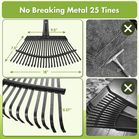 Heavy Duty Metal Leaf Rake With Adjustable 79 Inch Handle And 18 Inch Wide Head Featuring 25 Sturdy Tines for lawns and yards