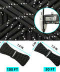Reflective Paracord Rope 100Ft 550 Cord, close-up view of black 7 strand nylon rope, 4mm diameter, coiled with size inlay.