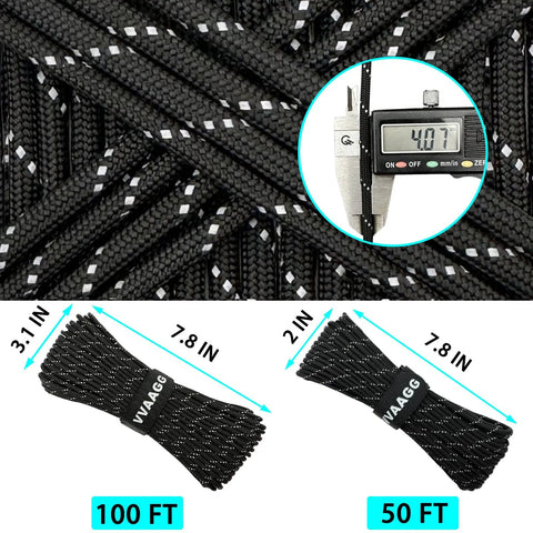Reflective Paracord Rope 100Ft 550 Cord, close-up view of black 7 strand nylon rope, 4mm diameter, coiled with size inlay.