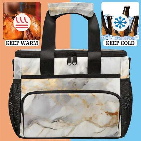 Glossy Marble Grey Insulated Picnic Backpack Lunch Box For Women And Men Grab And Go Tote Lunch Bag For Picnic Beach Work Travel Office Camp Spacious 12x9 Inch Thermal Carrier For Meals On The Go with keep warm and keep cold icons