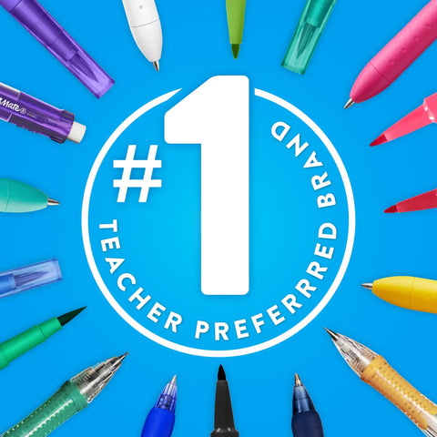 Colorful pen tips encircle a #1 Teacher Preferred Brand logo on blue background for Go-To Felt Tip Pens Set With Flair Markers.