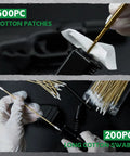 Gun Cleaning Set with 600 cotton patches and 200 long cotton swabs in use for barrel and bore care, gloved hands cleaning.
