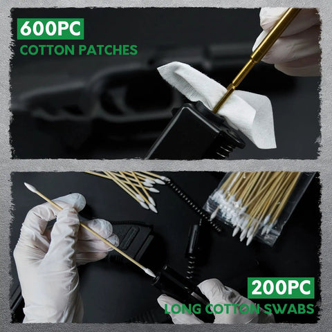 Gun Cleaning Set with 600 cotton patches and 200 long cotton swabs in use for barrel and bore care, gloved hands cleaning.