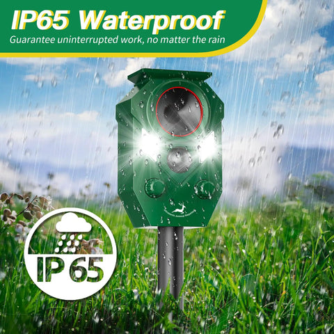 Solar Powered Ultrasonic Animal Repellent With Motion Sensor For Outdoor Yards And Gardens, LED Flashing Lights To Deter Deer Coyotes Raccoons And Cats, Humane Yet Effective Pest Deterrent For A Peaceful Pet Safe Yard, IP65 waterproof stake
