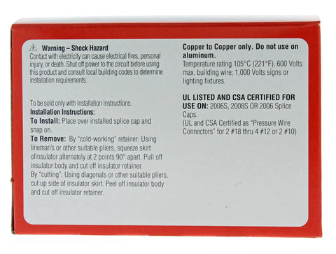Instructions on box for 2007 Splice Cap Insulator 100 Pack For Fast Secure Wire Connections Nylon Snap On Cap 105 C Rated