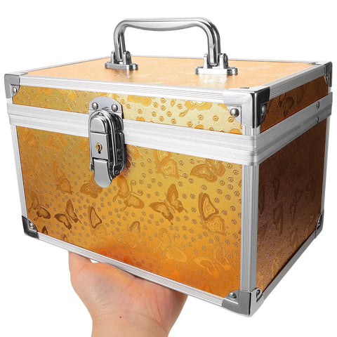 Built Tough Aluminum Tool Box With Secure Lock And Heavy Duty Handle For Mechanics And Field Pros Compact Organizer Gear Hauler held in hand, showcasing golden finish.