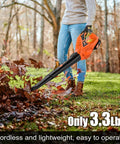 Person using 21V Cordless Leaf Blower, Ultra Lightweight Handheld With 2.0Ah Battery And Fast Charger, Adjustable Speeds on lawn.