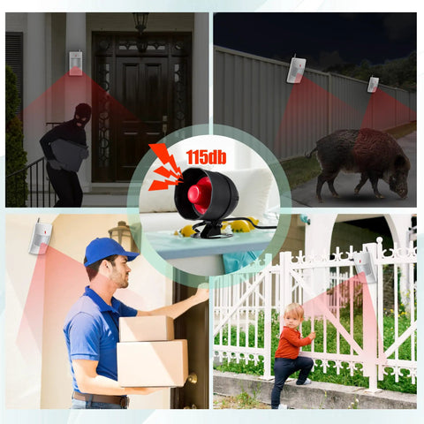 Standalone Home Office Security Alarm Kit With Wireless Loud Indoor Outdoor Weatherproof Siren, detecting motion and intruders.