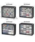 Comparison of 64, 44, 36, and 24 drawer parts storage cabinets for garages and workshops, showing different sizes and uses.