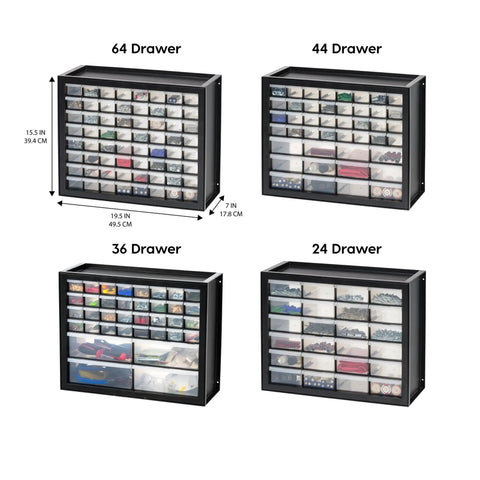 Comparison of 64, 44, 36, and 24 drawer parts storage cabinets for garages and workshops, showing different sizes and uses.