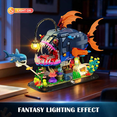 Epic Light Up Angler Fish Mechanical Building Kit With 1139 Pieces Including Shark And Jellyfish, Deep Sea Ocean Creature Build Set For Adults Teens 12 Plus, Interactive Display Toy And Lighting Gift