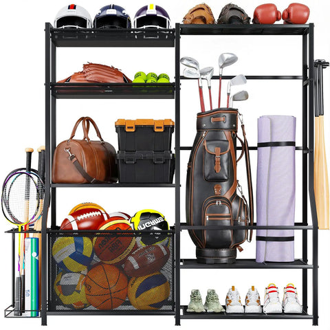Garage Sports Gear Organizer With Golf Bag Storage Rack Heavy Duty Ball Organizer With Baskets Bat Holder And Shoe Shelf