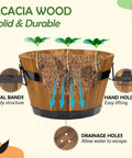 Set Of 3 Wooden Flower Boxes For Outdoors In Durable Acacia Wood Barrel Planters With Ergonomic Handles Drainage Holes And Multiple Sizes Light Brown Wood Bucket Planter Set with features labeled