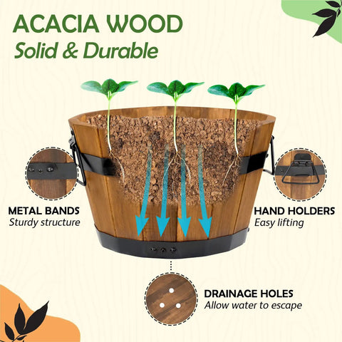 Set Of 3 Wooden Flower Boxes For Outdoors In Durable Acacia Wood Barrel Planters With Ergonomic Handles Drainage Holes And Multiple Sizes Light Brown Wood Bucket Planter Set with features labeled