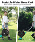 Heavy Duty Metal Garden Hose Reel Cart for Outside Use, shown with adjustable armrests and two wheels, handles 100-120 ft of hose