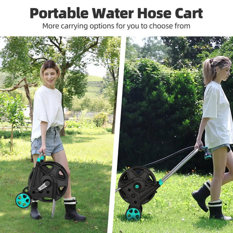 Heavy Duty Metal Garden Hose Reel Cart for Outside Use, shown with adjustable armrests and two wheels, handles 100-120 ft of hose