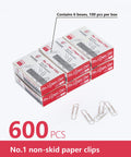 Six boxes containing No Slip Paper Clips Set, 600 Count In Six Boxes Of 100 Each, Heavy Gauge Steel, Silver shown with paper clips