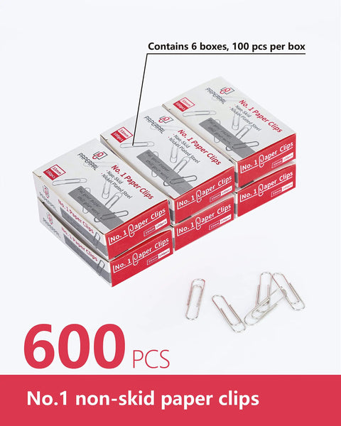 Six boxes containing No Slip Paper Clips Set, 600 Count In Six Boxes Of 100 Each, Heavy Gauge Steel, Silver shown with paper clips