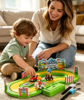 Motion Tracking Racetrack Toy With Wristband Sensors Two Player Competitive Racing For Kids And Parents Realistic Sprint Response And Epic Family Play Movement Logs And Accurate Sensor Feedback To Keep Every Race Exciting. mother and child play with green plastic racetrack toy on carpet