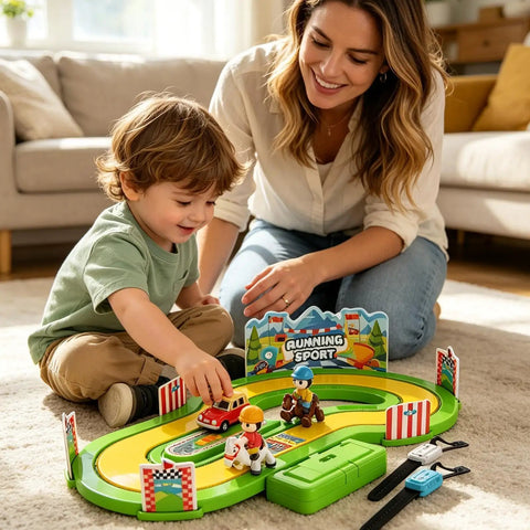 Motion Tracking Racetrack Toy With Wristband Sensors Two Player Competitive Racing For Kids And Parents Realistic Sprint Response And Epic Family Play Movement Logs And Accurate Sensor Feedback To Keep Every Race Exciting. mother and child play with green plastic racetrack toy on carpet