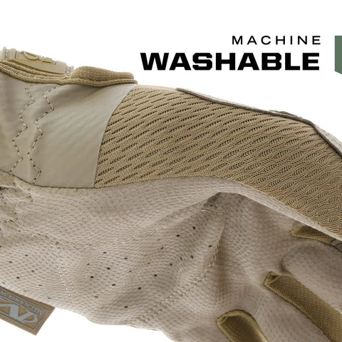 Close-up of brown High-Dexterity 0.5mm AX-Suede Tactical Gloves showing TrekDry back with text 'Machine Washable'