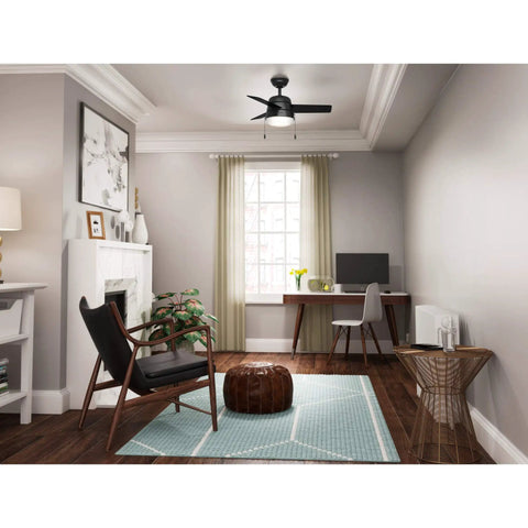 Home office with 36 Inch Indoor Ceiling Fan With LED Light And Pull Chain, Quiet 3-Blade Modern Fan in matte black finish overhead.