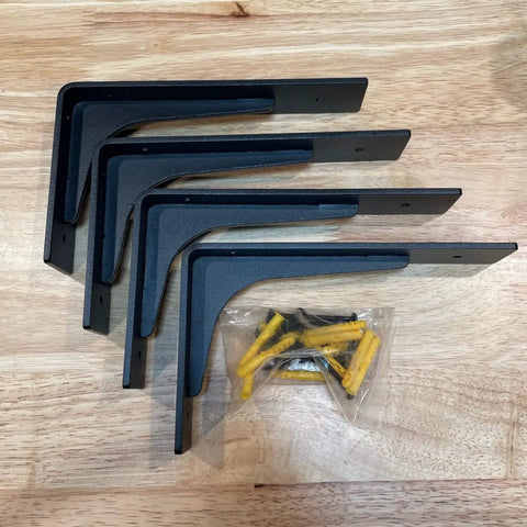 Heavy Duty 10x6 Inch Shelf Brackets Set Of 4 Sturdy L Shaped Metal Supports with screws on wooden surface