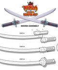Assembly guide for Six Piece Ninja Toy Sword Set For Kids With Safe Plastic Blades and included katana and ninja accessories.