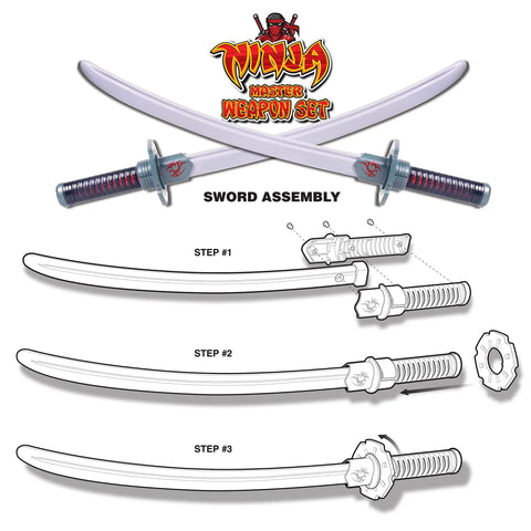 Assembly guide for Six Piece Ninja Toy Sword Set For Kids With Safe Plastic Blades and included katana and ninja accessories.