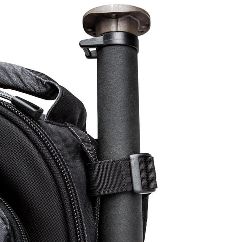 Tripod strapped to Glass Limo Camera Backpack For Pro DSLR Gear With Tripod Mount Fits Large Tele Lenses black side view