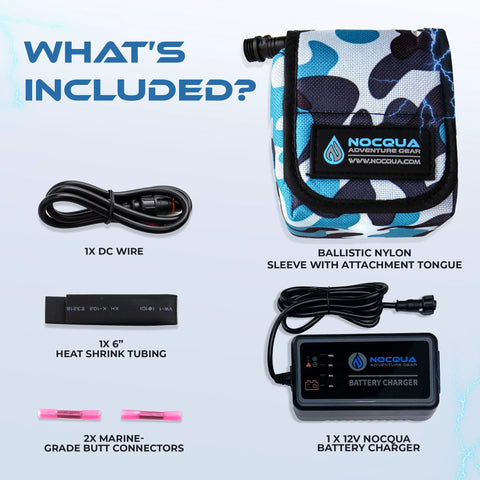 NoCQUA 12V battery charger kit with DC wire, heat shrink tubing, marine butt connectors and ballistic nylon sleeve.