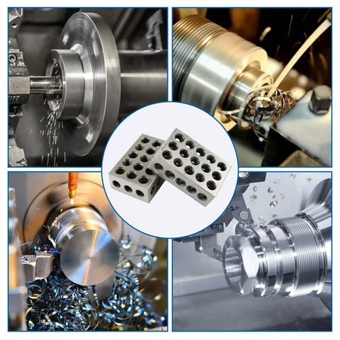 Built Tough Precision Hardened Steel Gauge Block Set 1 2 3 Inch Sizes in machining process with shiny steel surface and drilled holes.