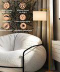 Cordless Battery Powered Floor Lamp With Remote Control, Dimmable Arc, next to round white chair in living room with 90-degree adjustable head
