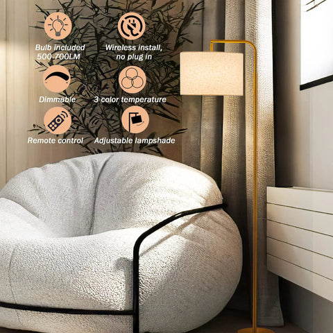 Cordless Battery Powered Floor Lamp With Remote Control, Dimmable Arc, next to round white chair in living room with 90-degree adjustable head