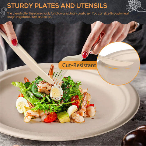 Person using eco-friendly sugarcane knife and fork on compostable plate from Eco Friendly Sugarcane Disposable Dinnerware Set