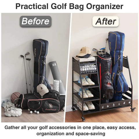Heavy Duty Golf Bag Organizer Rack For Garage Storage Fits Two Golf Bags And Clubs, Before and After Organization View