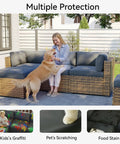Woman on outdoor sectional with dog, showcasing 11 Piece Outdoor Cushion Covers Set For Full Patio Sectional Renewal Waterproof