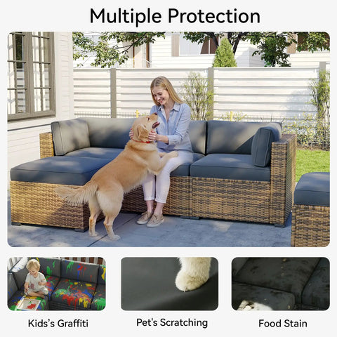 Woman on outdoor sectional with dog, showcasing 11 Piece Outdoor Cushion Covers Set For Full Patio Sectional Renewal Waterproof