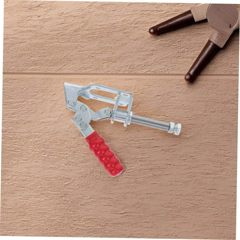 Front view of a Four Piece Push Pull Toggle Clamps Set For Woodworking And Metal Workholding on wood surface, red handle visible.