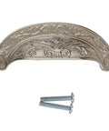 Baroque Scroll Work Brushed Nickel Cup Pull For Cabinets And Drawers, 2-1/2 Inch Centers, with installation screws, vintage decor