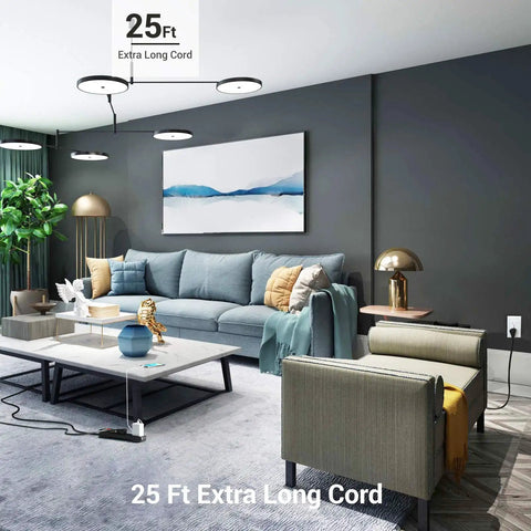 Living room with Two Pack Heavy Duty Power Strip Surge Protector With 25 Ft Extra Long Extension Cord shown in use.