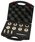 Front view of brass router template bushing set, 11 pcs with 1/4 in shank, in carrying case